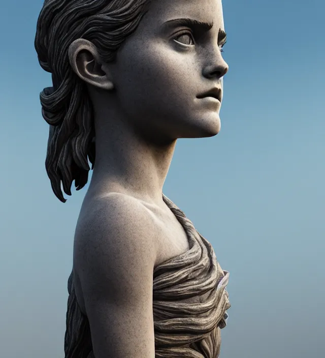 Image similar to stoic statue of emma watson, vaporwave, aesthetic, naturel, symmetrical face, hyper detailed, digital sculpture, trending in artstation, cinematic lighting, studio quality, smooth render, unreal engine 5 rendered, octane rendered