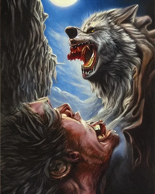 Image similar to werewolf howling, airbrush, drew struzan illustration art, key art, movie poster