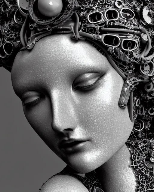 Image similar to mythical dreamy black and white organic translucent bio-mechanical spinal ribbed profile face portrait detail of mechanical beautiful female angelic-vegetal-cyborg, highly detailed, intricate steampunk ornate, poetic, 3D render, digital art, octane render, 8K artistic photography, photo-realistic, by Dora Maar