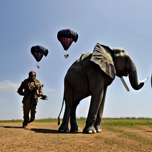 Image similar to photo of elephant paratroopers parachuting behind enemy lines