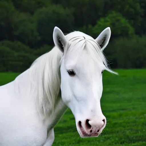 Prompt: a photo of a beautiful white horse with long curly hair