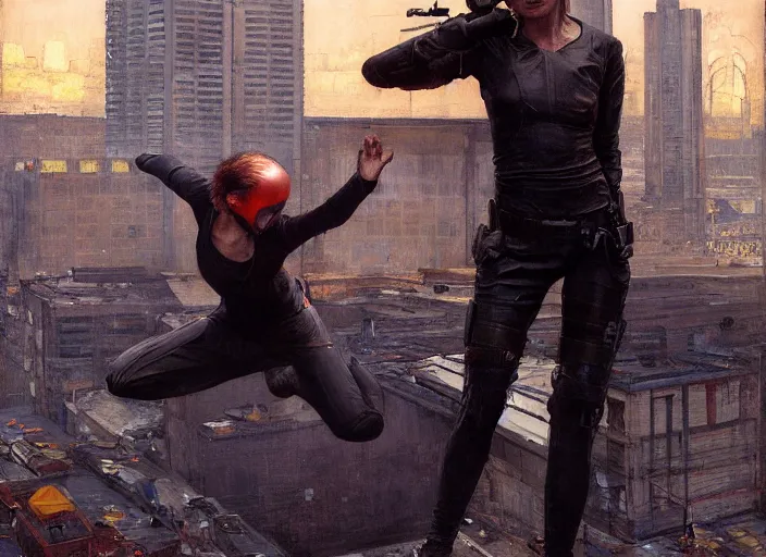 Prompt: Maria evades sgt Nash. Cyberpunk hacker in orange jumpsuit escaping menacing police troopers (blade runner 2049). beautiful face. Rooftop free running. Orientalist portrait by john william waterhouse and James Gurney and Theodore Ralli and Nasreddine Dinet, oil on canvas. Cinematic, hyper realism, realistic proportions, dramatic lighting, high detail 4k