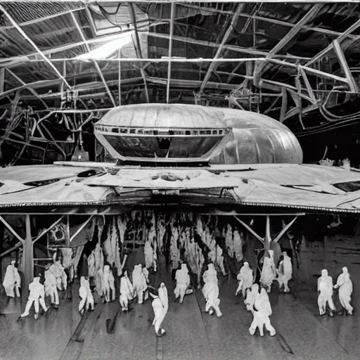 Prompt: dismantled ufo spaceship in hanger with people in hazmat suits standing around, grainy, vintage photo, sepia, old photo, realistic, detailed,