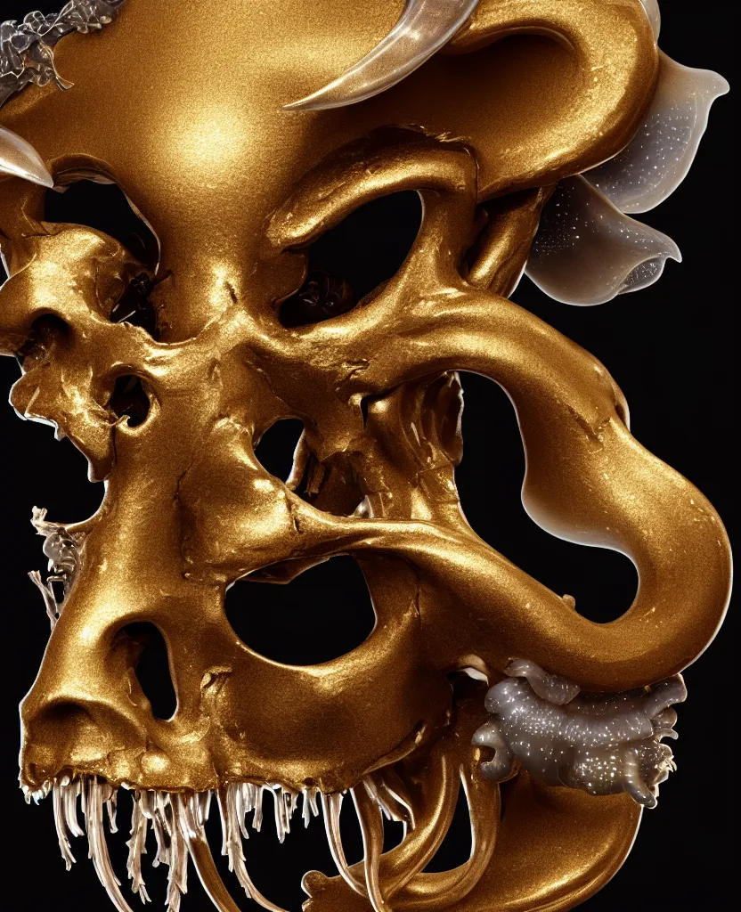 Image similar to black background. goddess princess face close-up portrait ram skull. sculpture made of gold and brilliants. jellyfish phoenix head, nautilus, orchid, skull, betta fish, bioluminiscent creatures, intricate artwork by Tooth Wu and wlop and beeple. octane render, trending on artstation, greg rutkowski very coherent symmetrical artwork. cinematic, hyper realism, high detail, octane render, 8k