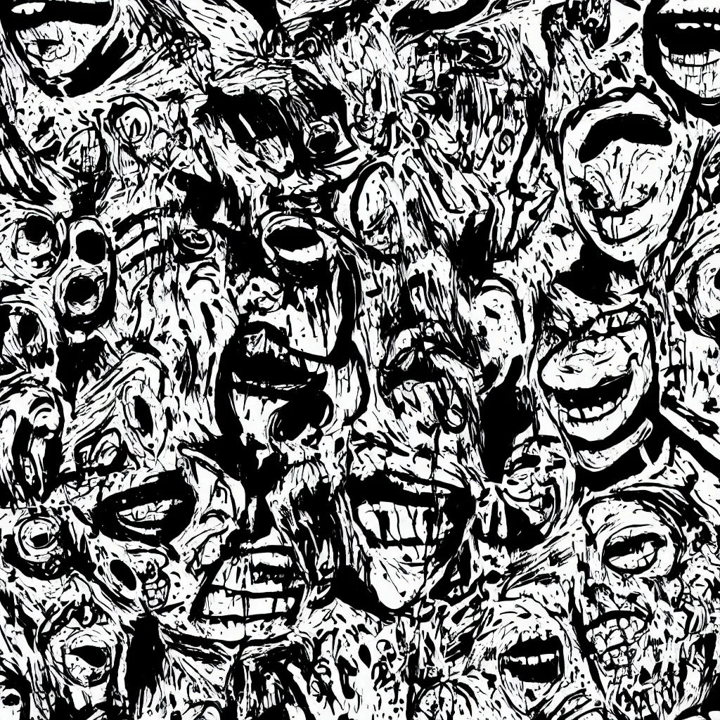 Prompt: screaming faces, kazuo umezu artwork, jet set radio artwork, stripes, tense, space, skimask, balaclava, ominous, minimal, cybernetic, cowl, ink, acrylic, dots, stipples, lines, hashing, thumbprint, dark, eerie, circuit board, crosswalks, guts, folds, tearing, painting