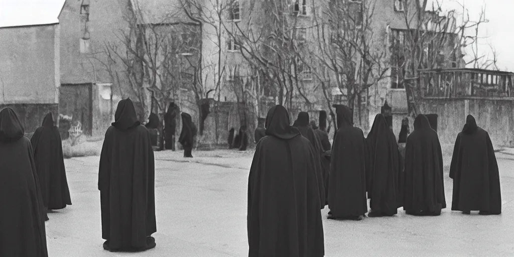 Prompt: black robed and hooded people point towards the viewer in a circle calling forth an eldritch horror, old film, 35mm film, found film, scary, ominous, frightening, ghastly, photorealistic