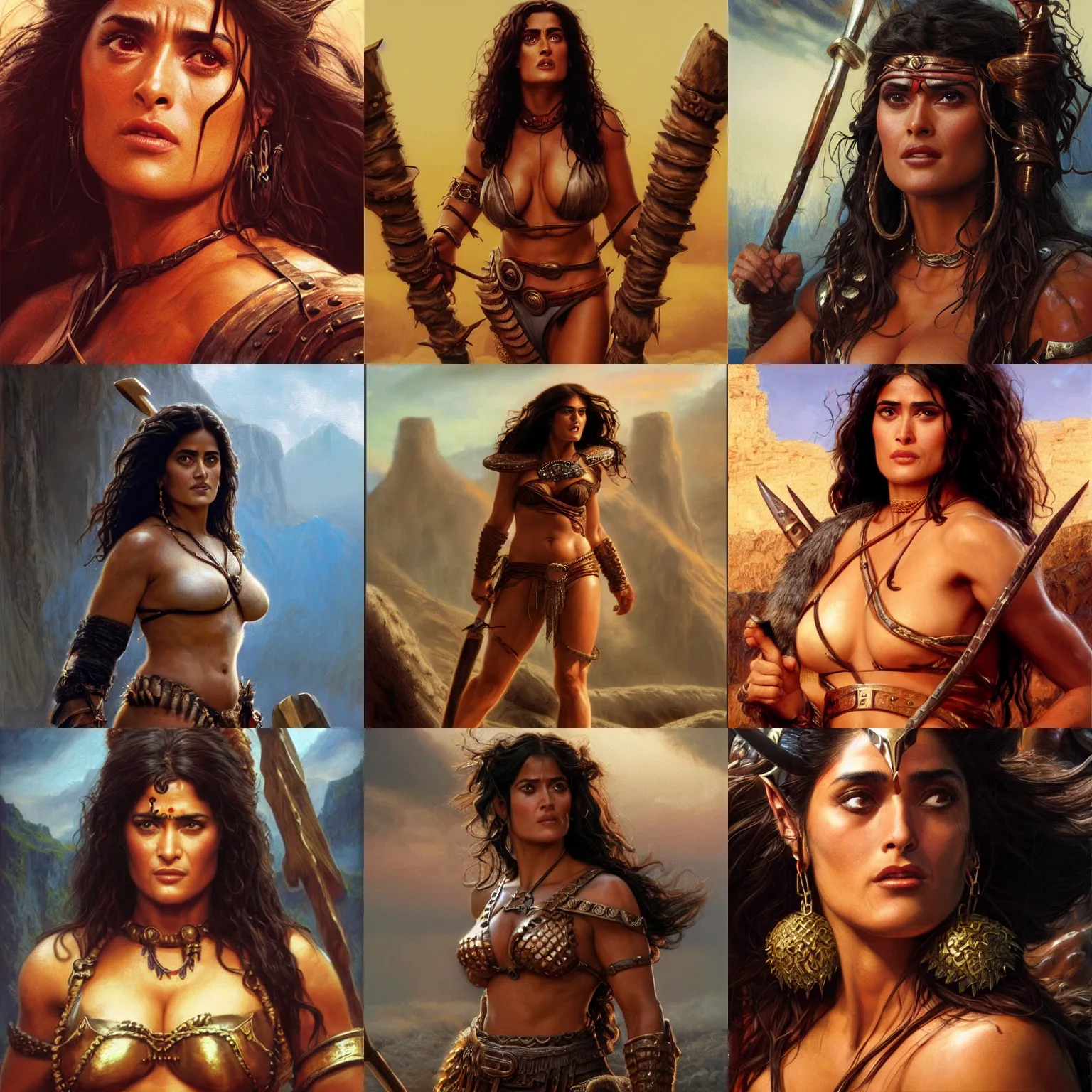 Prompt: young Salma Hayek as a barbarian from conan, detailed, centered, digital painting, artstation, concept art, donato giancola, Joseph Christian Leyendecker, WLOP, Boris Vallejo, Breathtaking, 8k resolution, extremely detailed, beautiful, establishing shot, artistic, hyperrealistic, beautiful face, octane render