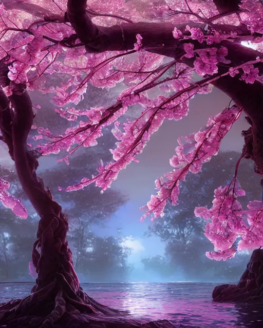 Image similar to one singular matte painting of a wet bioluminescent cherry blossom tree, highly detailed, digital painting, cinematic, hyper realism, dark retrowave, art by stanley lau and artgem and magali villeneuve and alphonse mucha, artstation, octane renderer, cgsociety