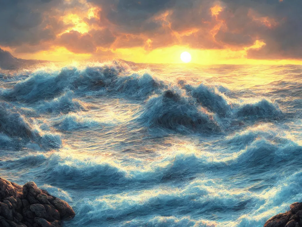 Prompt: Warm epic fantasy sunny colored stormy waves on beach rocks, avatar, wild oceanic waves, cinematic, sunset, hyper-realistic, high resolution, concept art, visionary art, artstation