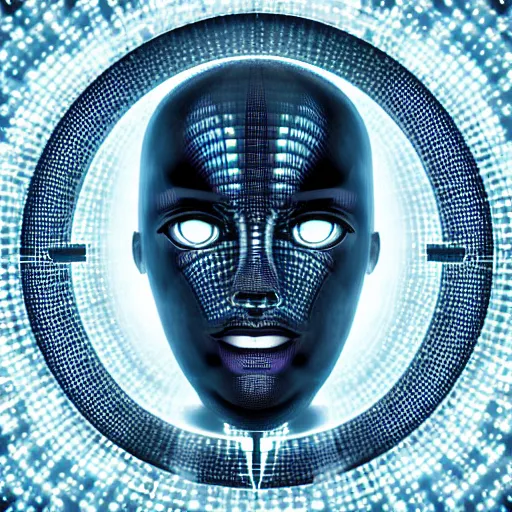 Image similar to an insanely detailed cibernetic artwork of a futuristic artificial intelligence superstar, centered image, perfectly symmetrical face, with frames made of detailed fractals, octsne render, 4k, insanely detailed, detailed grid as background, cgi