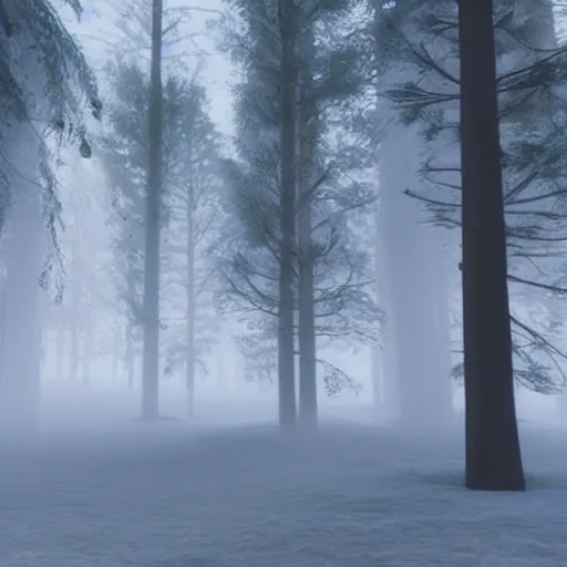 Image similar to still shot of a forest covered with winter fog, highly detailed, photorealistic portrait, bright studio setting, studio lighting, crisp quality and light reflections, unreal engine 5 quality render