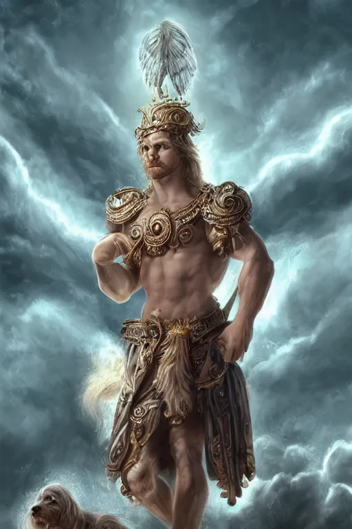 Image similar to Dog as a god with a radiant halo, detailed face, gorgeous, amazing, flowing hair, very muscular male body, partial anatomy, stormy background, caesar victorious, proud Emperor, crepuscular ray, intricate, highly detailed, 8K, digital painting, fantasy, artstation, concept art, sharp focus, over-shoulder shot, illustration, art by greg rutkowski beeple and alphonse mucha, laica chrose