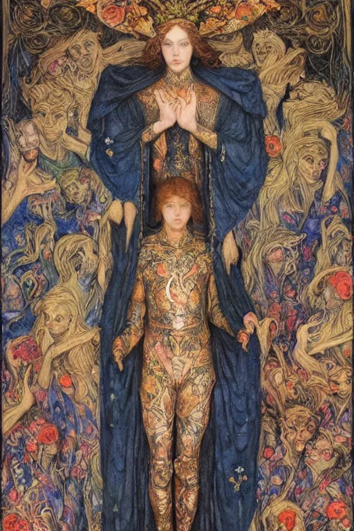 Image similar to coronation of the flower prince, by Annie Swynnerton and jean delville, embroidered brocade, tattoos, elaborate costume, geometric ornament, symbolist, rich colors, dramatic lighting, smooth, sharp focus, extremely detailed