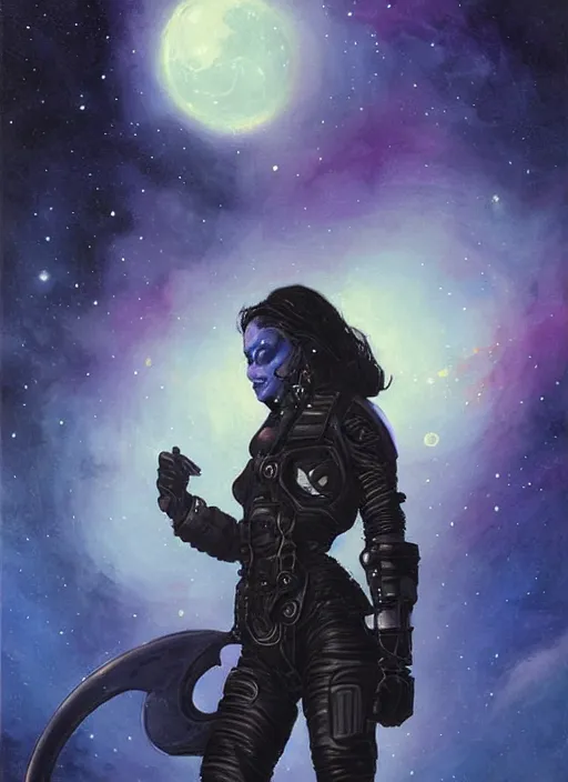 Image similar to portrait of female space pirate, night sky background, beautiful! coherent! by brom, deep color, strong line, high contrast