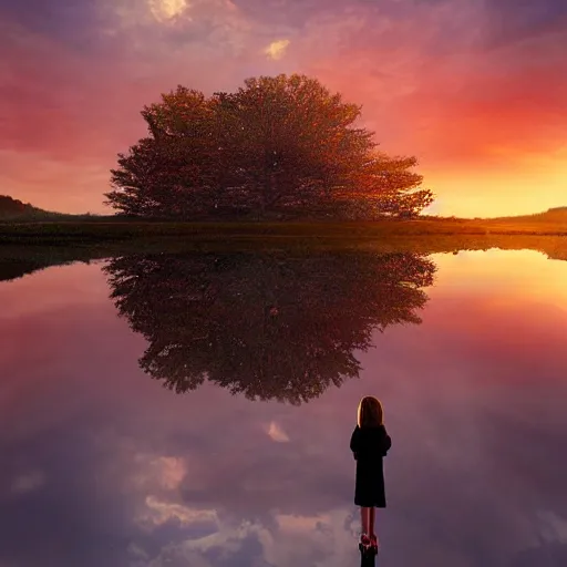 Image similar to a girl looking at the sky standing on top of a vast mirror in the sunset by Jenny Yu