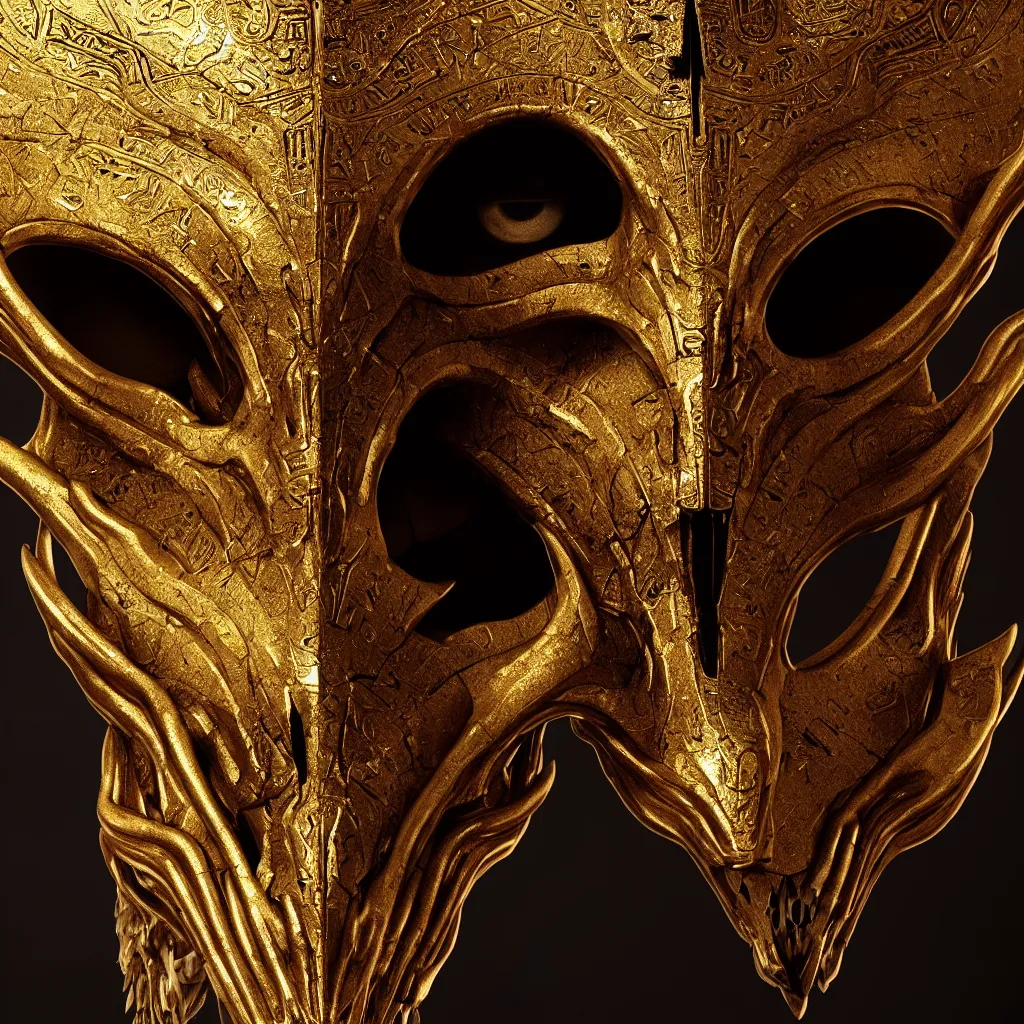 Image similar to Photorealistic epic egyptian god face close-up portrait ram skull, jackal skull, gold. ominous, ancient magic, intricate artwork by Tooth Wu and wlop and beeple and ryohei hase. octane render, trending on artstation, greg rutkowski very coherent symmetrical artwork. cinematic, hyper realism, high detail, octane render, 8k