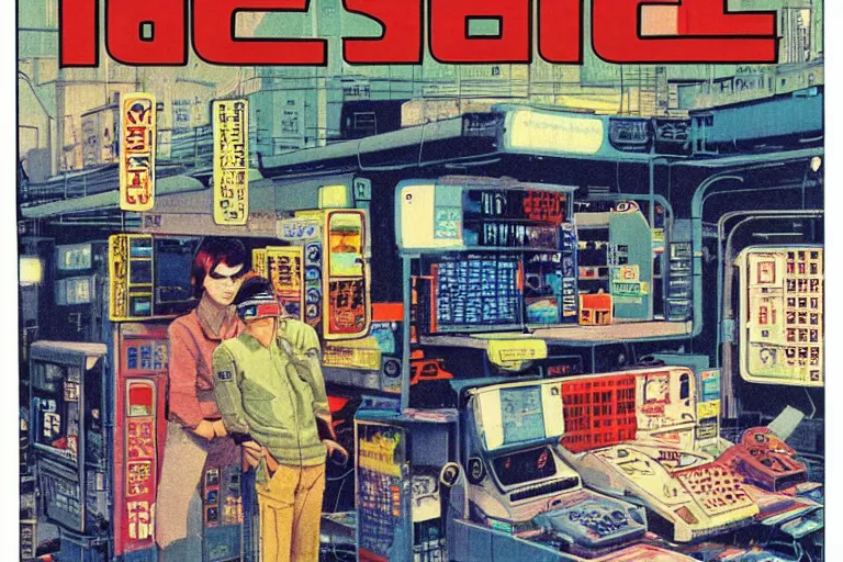 Image similar to 1979 Popular science Magazine Cover of an electronics stall in neo-Tokyo in cyberpunk style by Vincent Di Fate