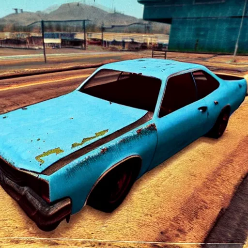Prompt: A screenshot of a rusty, worn out, broken down, decrepit, run down, dingy, faded chipped paint, tattered, beater 1976 Denim Blue Dodge Aspen in Gran Turismo for the PS1, low poly Original Playstation style