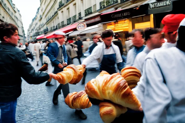 Image similar to closeup potrait of bakers fighting croissants in a paris street, natural light, sharp, detailed face, magazine, press, photo, Steve McCurry, David Lazar, Canon, Nikon, focus