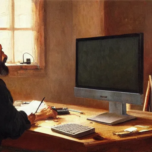 Image similar to an angry man yells at his computer monitor, oil on canvas, 1 8 8 3, highly detailed, high resolution