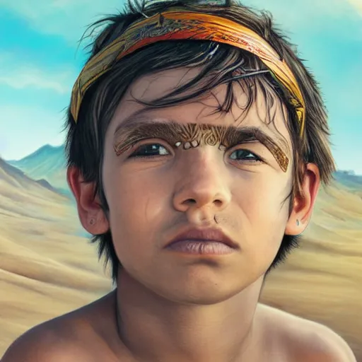 Image similar to a detailed portrait of a boy with a face tattoo in the desert, fantasy art illustration, incredibly highly detailed and realistic, 8 k, sharp focus