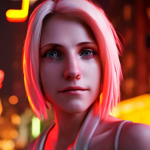 Image similar to Annie Leonhart in a neon city, octane render 8k, photorealistic render, atmospheric render, beautiful face, cute