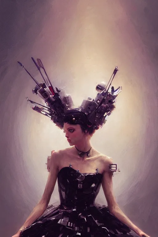 Image similar to sitting beautiful painting of a crowned robotic cyberpunk ballerina in a gothic dark flowing tutu intricate, elegant, highly detailed, digital painting, artstation, concept art, by krenz cushart and artem demura and william adolph bouguereau
