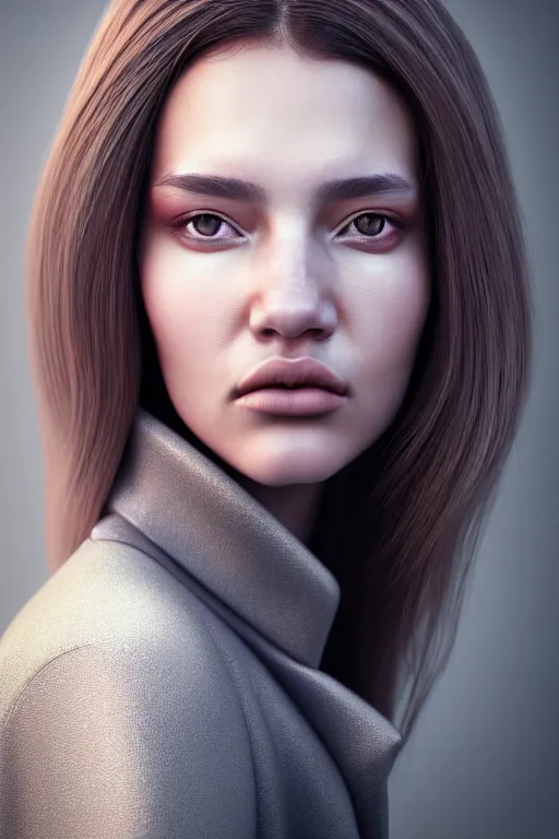 Image similar to hyperdetailed very close portrait of a model, beautiful young female with brown hair and grey eyes, in a tight jacket, volumetric light, by rossdraws and alexander mcqueen, rim light, octane render, 8 k