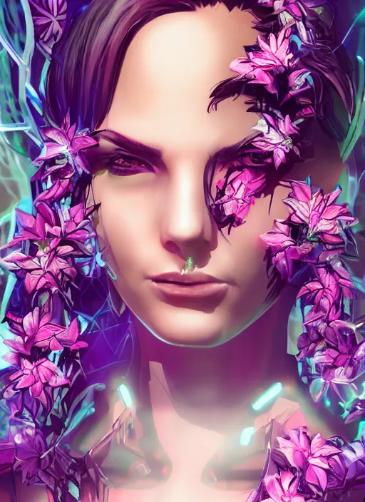 Prompt: Cyber Punk 2077 woman very beautiful robot portrait, Detroit game style, woman wrapped in flowers lily