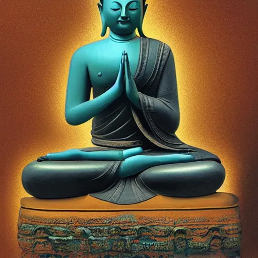 Image similar to buddhist meditating, full body, hand gesture, photorealistic art