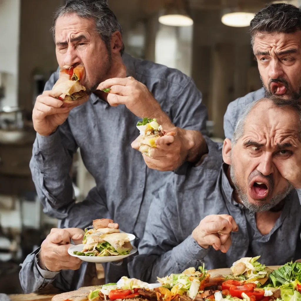 Image similar to A man looking in disgust at his lunch