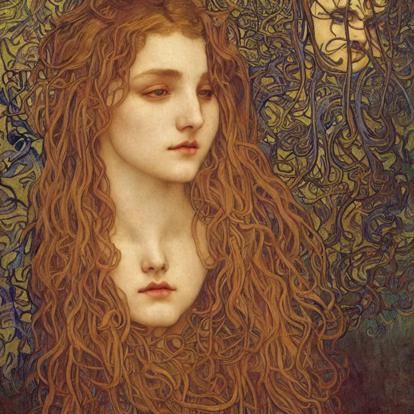 Image similar to detailed realistic beautiful young medieval queen face portrait by jean delville, alphonse mucha, vincent van gogh, and marco mazzoni, art nouveau, symbolist, visionary, gothic, pre - raphaelite