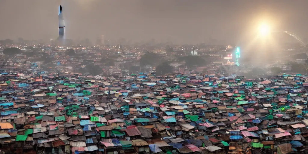Prompt: AJEGUNLE SLUMS of Lagos surrounding large UFO within NEON rays of light,