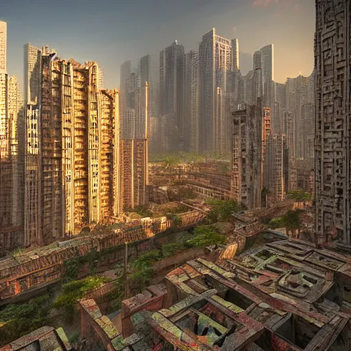 Prompt: extremely detailed non-Euclidean stunning sophisticated very modern version of the Kowloon walled city, stunning volumetric light, sunset, multi-colored concrete and glass and translucent material, stunning skied, 8k