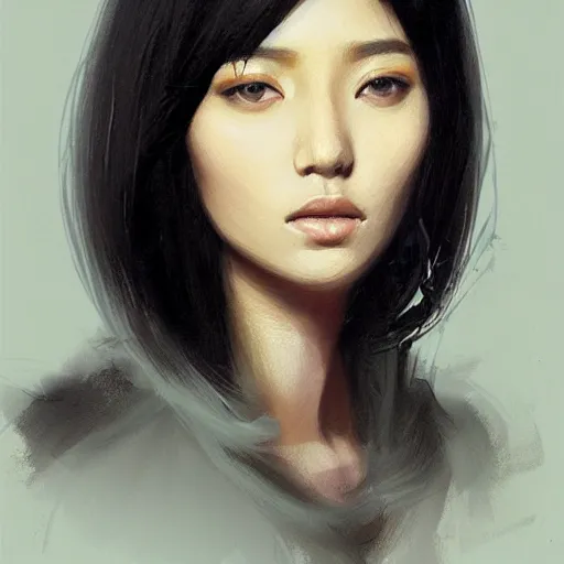 Image similar to Portrait of a woman by Greg Rutkowski, she is about 30 years old, mixture between korean, indian and arabian, pretty, black straigh hair with bangs, attractive, tall and slim, she is wearing beigen and black utilitarian jumpsuit, highly detailed portrait, scifi, digital painting, artstation, concept art, smooth, sharp foccus ilustration, Artstation HQ