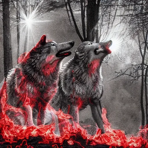 Image similar to bated breath, two wolves snarling, red sparkling cinders, smoke covers the sun