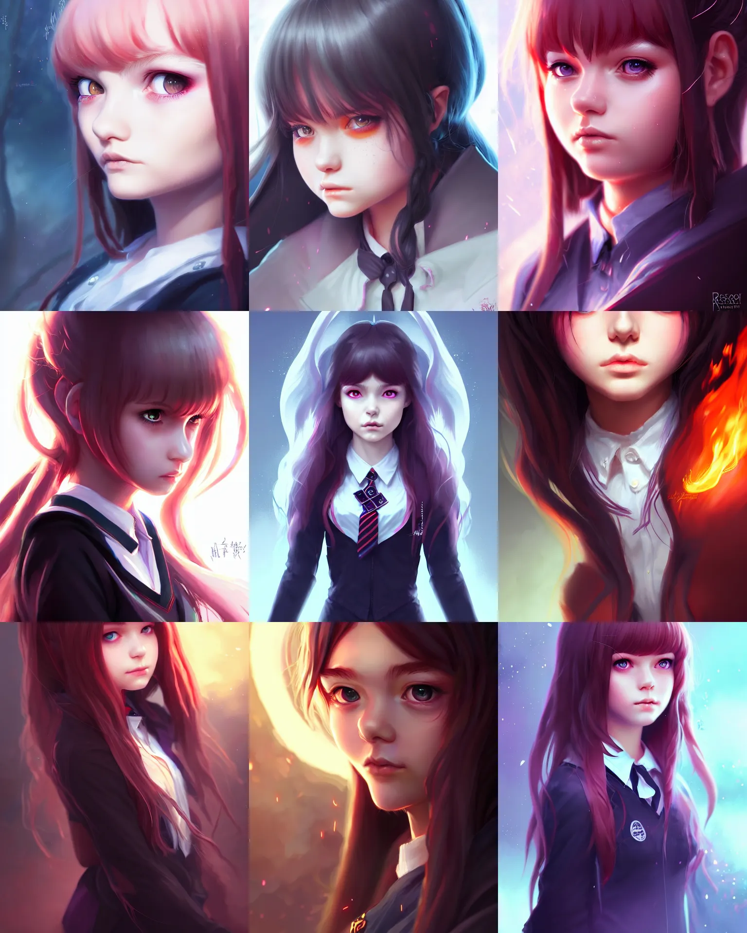 Prompt: close-up portrait, innocent young teen girl, dark magic school student uniform, cool hair, overflowing fire magic, highly detailed, digital painting, trending on artstation, pixiv, concept art, sharp focus, illustration, art by Ross Tran and WLOP