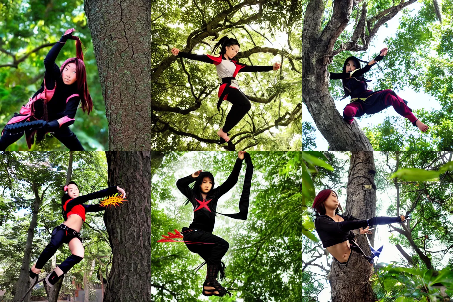 Prompt: female ninja throwing shuriken on a tree top.