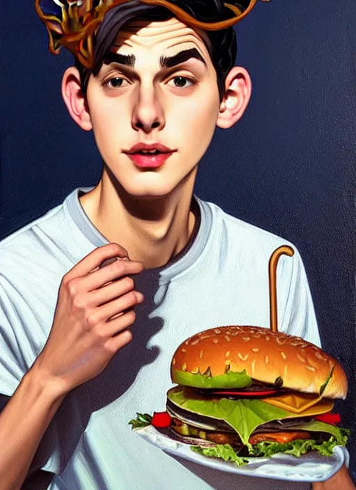 Image similar to oil painting, teenage jughead jones, wears a light grey crown, and devours a hamburger, intricate, elegant, highly detailed, pinocchio nose, lighting, painting, artstation, smooth, illustration, art by greg rutowski and alphonse mucha