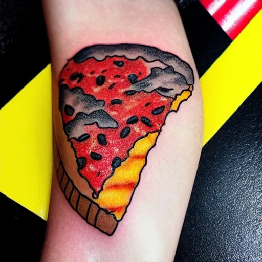 Prompt: tattoo of a slice of pizza made out of lava with rock toppings, red, white, yellow and black ink, hyperdetailed, realistic