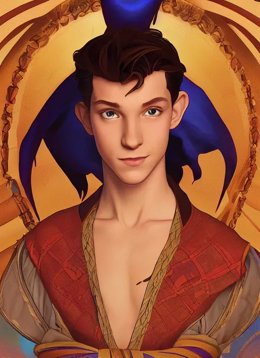 Image similar to skinny young tom holland as prince ali ababwa, cinematic lighting, path traced, highly detailed, high quality, beautiful digital painting, by don bluth and ross tran and studio ghibli and alphonse mucha, artgerm