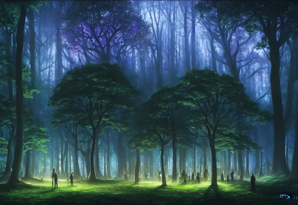 Prompt: Lothlorien at night, very dark sky with green lights, blue lights and purple lights, elven forest town with houses up in the trees, oil painting, dramatic lighting, Jakub Kasper, Makoto Shinkai, hyperrealistic, cinematic, elegant, intricate