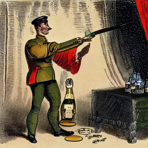 Prompt: 1 9 th century color lithograph of a man in military uniform opening a bottle of champagne with a sword