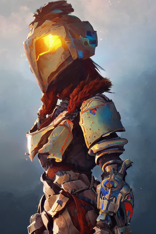 Image similar to combination suit armor aloy horizon forbidden west horizon zero dawn radiating a glowing aura global illumination ray tracing hdr fanart arstation by ian pesty and alena aenami artworks in 4 k tribal robot ninja mask helmet backpack