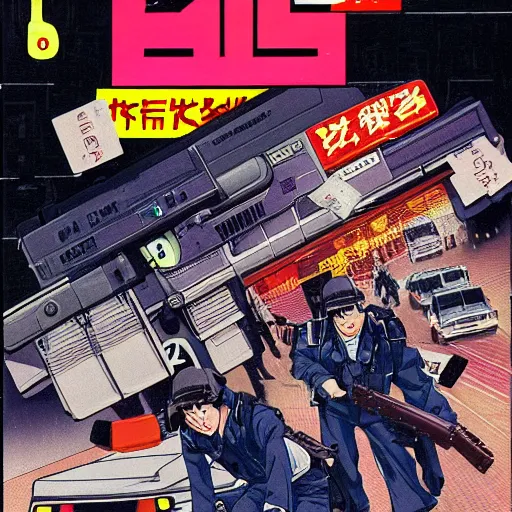 Image similar to 1989 Magazine Cover, Anime Neo-tokyo bank robbers fleeing the scene with bags of money, Police Shootout, Highly Detailed, 8k :4 by Katsuhiro Otomo : 8