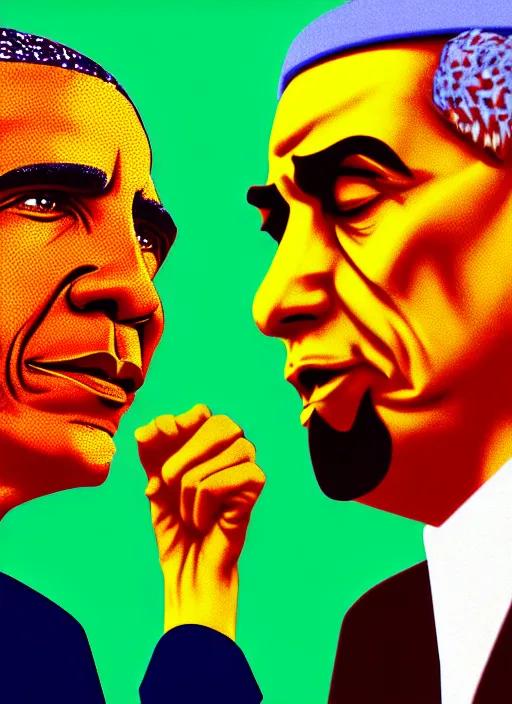 Image similar to pop art obama and khamenei angry each other, no duplicate image, glowing lights, highly detailed, digital painting, artstation, concept art, smooth, sharp focus, illustration, art by richard hamilton and mimmo rottela