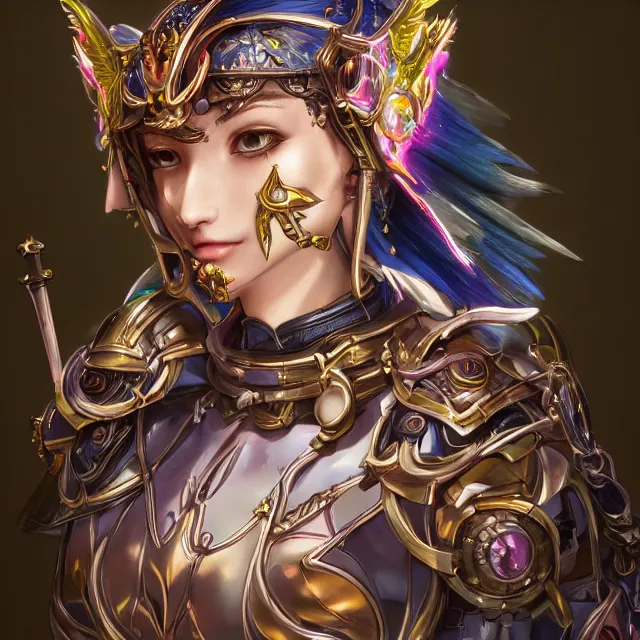 Image similar to studio portrait of lawful good colorful female holy mech paladin as absurdly beautiful, elegant, young sensual anime girl, ultrafine hyperrealistic detailed face illustration by kim jung gi, irakli nadar, intricate linework, sharp focus, bright colors, matte, octopath traveler, final fantasy, unreal engine highly rendered, global illumination, radiant light, intricate environment