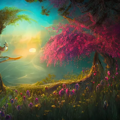 Prompt: summer scene a spirit composed by the exquise blossom of flowers, intricate, elegant, beautiful, exotic, it dances in the air majestically, fantasy, concept art, digital art, magical scene, cinematic, golden hour, rich moody colors, 8 k, hi - res, uhd