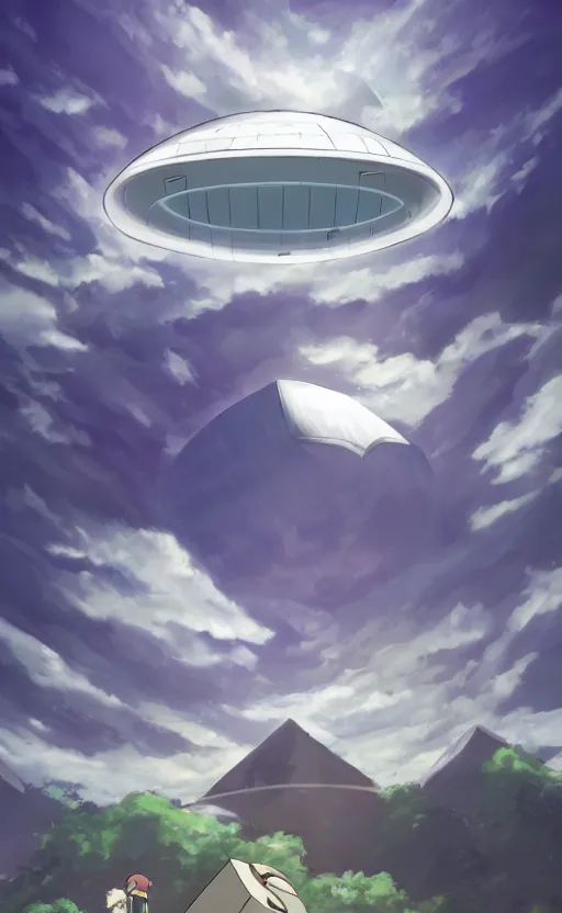 Image similar to an asymmetrical cell - shaded studio ghibli concept art study of a huge silver cube ufo in the sky. an elegant alien is on the ground. very dull colors,, hd, 4 k, hq