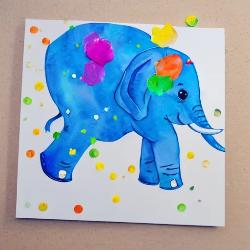 Prompt: watercolor baby elephant with trunk up in air and confetti flying in air, white background, blank background